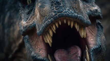 Obraz premium A dinosaur displays its massive mouth filled with sharp teeth, revealing its textured skin in a vibrant, prehistoric landscape. This moment captures the power and ferocity of this ancient creature