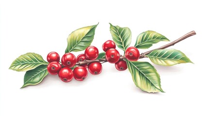 Vibrant red berries on a branch with lush green leaves