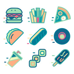 Minimalist Fast Food Icons: A vibrant array of minimalist fast food icons, from juicy burger to crisp fries, presented in a playful design for the modern consumer.