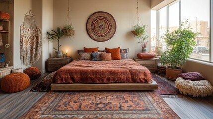 Boho bedroom with warm colors and natural elements