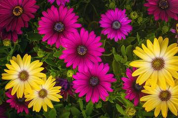 Fototapeta premium Close-up of colorful daisies (probably Osteospermum) in bloom in vibrant purple, yellow and violet shades. Vibrant spring or summer flowers with lush green leaves in a garden pot. View from above.