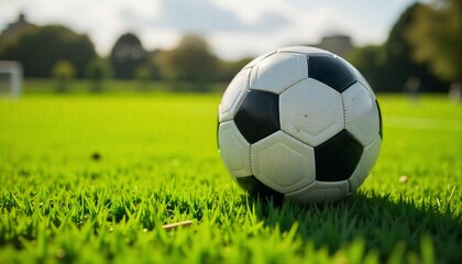 Fototapeta premium A high-angle, close-up photograph of a soccer ball, its panels and texture prominently displayed, resting on a vibrant green grass pitch at a local park, with a subtle blur effect in the background to