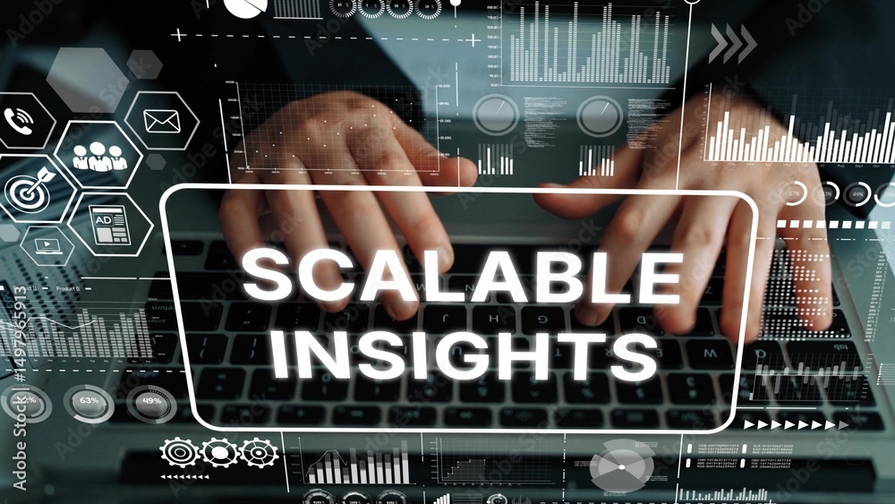 Poster Hands on Keyboard with Digital Graphics Illustrating Scalable Insights and Business Analytics Concepts in Modern Workspace. Asymptotic smart data analytic.