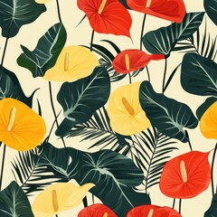 Fototapeta premium A modern geometric pattern of tropical ferns and anthurium flowers, bold and colorful 
