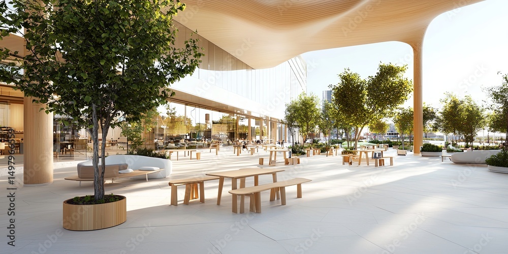 Poster inspiring architectural innovation in an urban setting, showcasing modular structures, creative publ