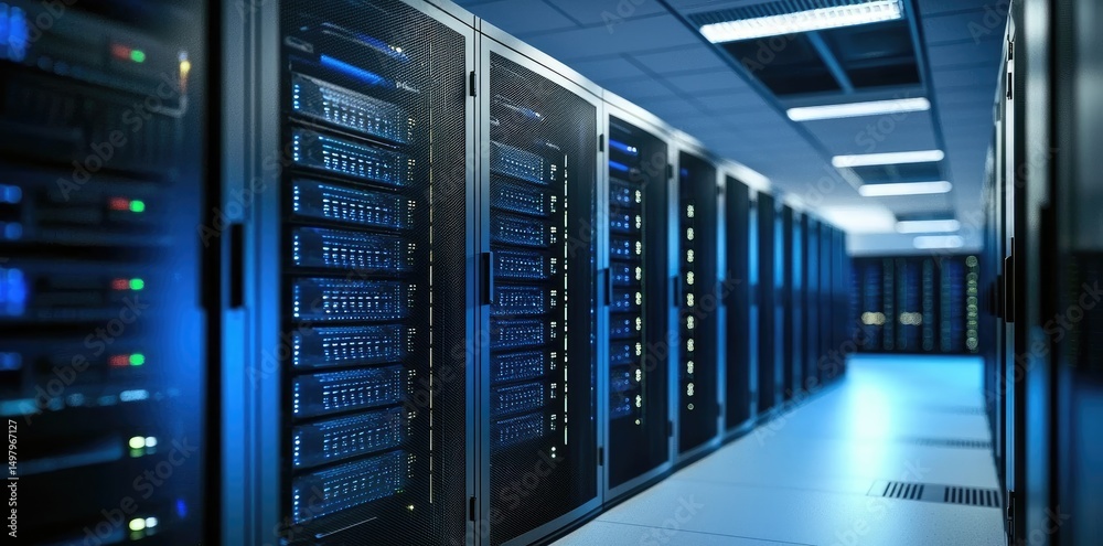 Leinwandbilder interior of a secure modern server room with glowing hardware racks and network equipment in blue li