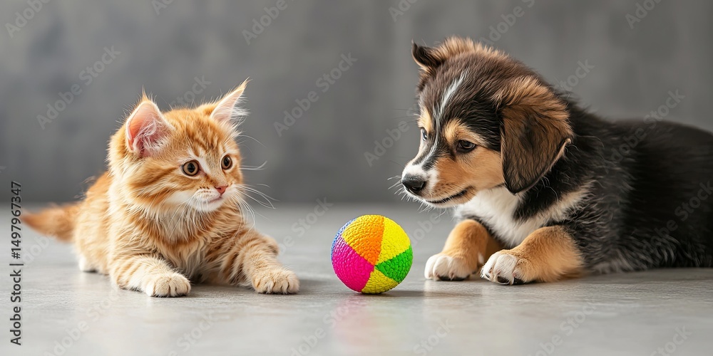 Poster adorable kitten and puppy sharing a moment of playful connection while chasing a colorful ball, neut