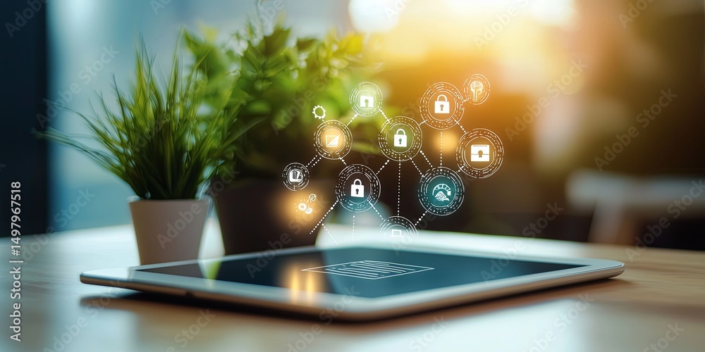 Poster electronic signature on a tablet surrounded by security icons, showcasing secure access in a minimalist workspace