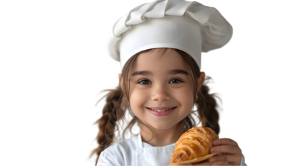 Happy girl baker holding croissant.