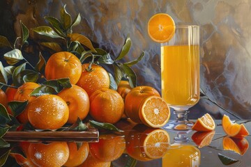 A painting highlighting vibrant oranges and a glass of juice