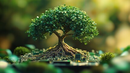 Lush Green Tree Growing from Circuit Board Technology Nature Symbiosis Environmental Concept