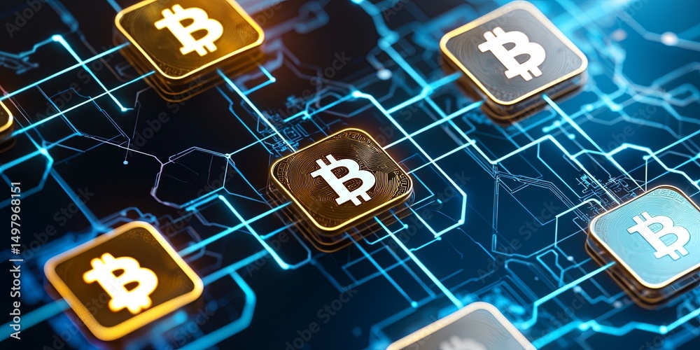 Aufkleber Blockchain technology visualized as a secure digital currency transaction on a neutral background, featuring nodes and encrypted data symbols.