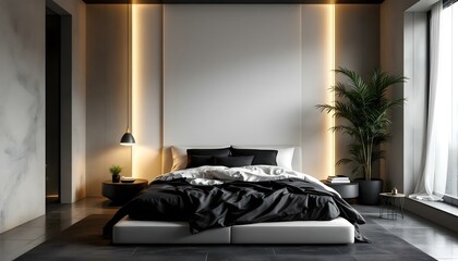 Cozy minimalist bedroom featuring a white canvas backdrop, sleek modern bed, monochrome decor, and warm ambient lighting.