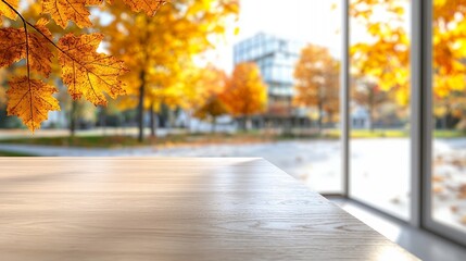 Wooden Table with Autumn Tree and Building View