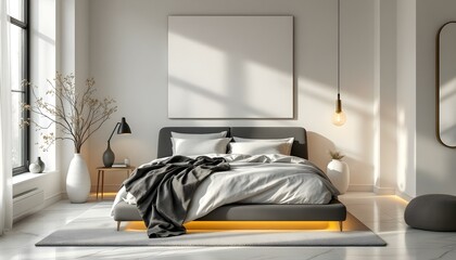 Cozy minimalist bedroom featuring a white canvas backdrop, sleek modern bed, monochrome decor, and warm ambient lighting.