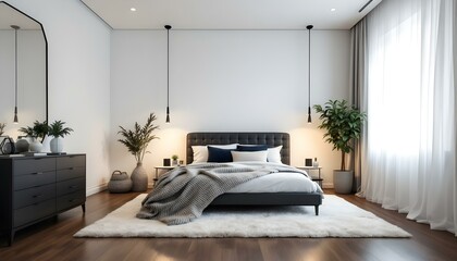 Cozy minimalist bedroom featuring a white canvas backdrop, sleek modern bed, monochrome decor, and warm ambient lighting.