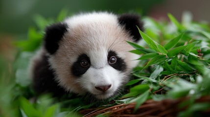 Naklejka premium Adorable panda cub nestled in lush green bamboo.
