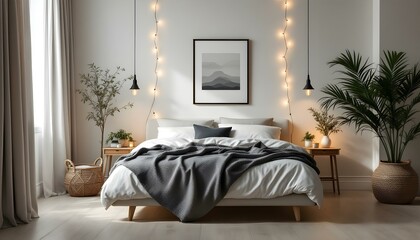Cozy minimalist bedroom featuring a white canvas backdrop, sleek modern bed, monochrome decor, and warm ambient lighting.