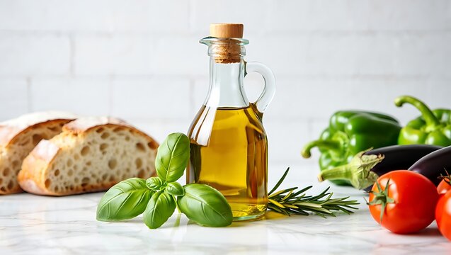 Fresh olive oil bottle with bread, basil, and variety of fresh vegetables for cooking - Powered by Adobe
