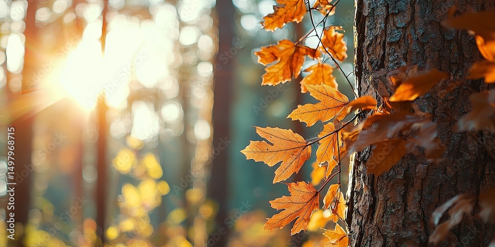 Poster autumn forest filled with vibrant orange and red leaves, soft sunlight filtering through the trees, 