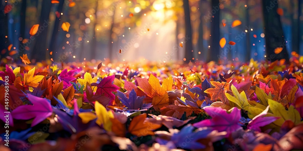 Poster tranquil autumn scene with a carpet of colorful leaves in a misty forest, warm light creating a dreamy effect, inviting ambiance