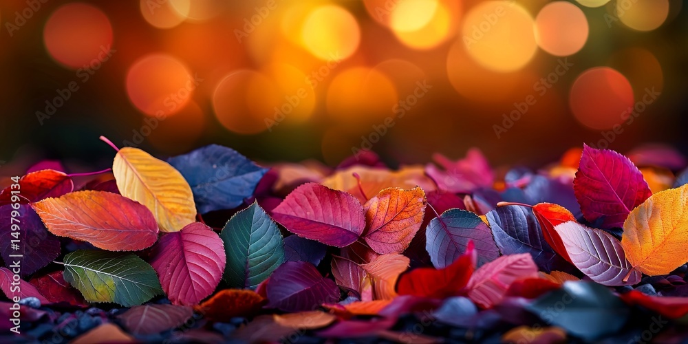 Aufkleber tranquil autumn scene with a carpet of colorful leaves in a misty forest, warm light creating a dreamy effect, inviting ambiance