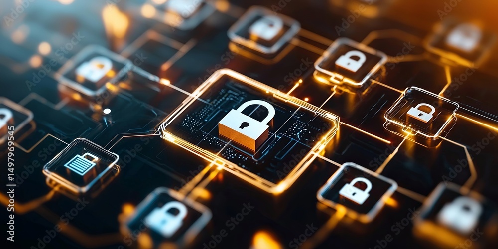 Poster a secure server with encrypted file icons, emphasizing user authentication credentials and data integrity shields on a sleek, neutral backdrop