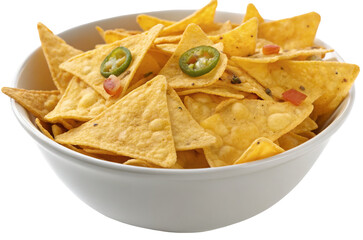 A white bowl filled with tortilla chips topped with jalapeños and diced tomatoes on a white background