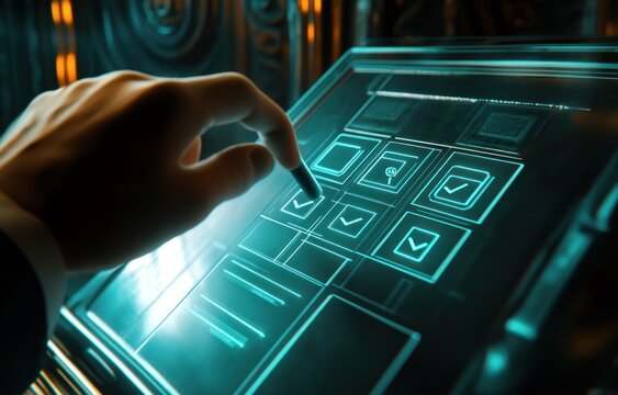 A hand interacts with a futuristic touch screen interface.  A person's hand, positioned above a glowing, interactive display, activates an element on a panel of digital checkboxes