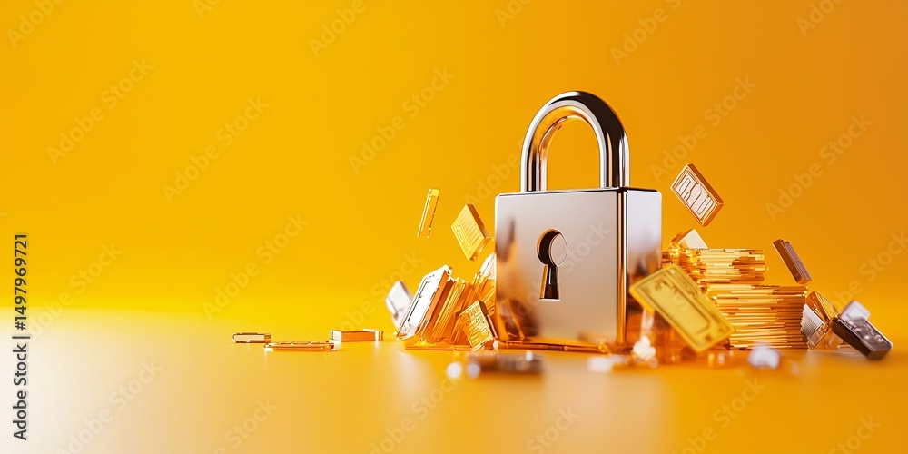 Poster Visual representation of data encryption with a padlock, scattered encrypted files, user authentication keys, and data integrity indicators, set against a minimalist neut