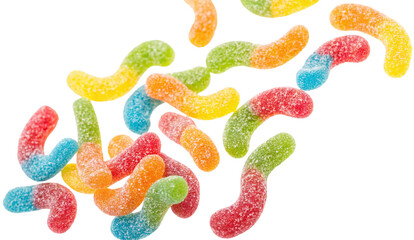 A scattered assortment of colorful sour gummy worms on a black background close up studio shot view