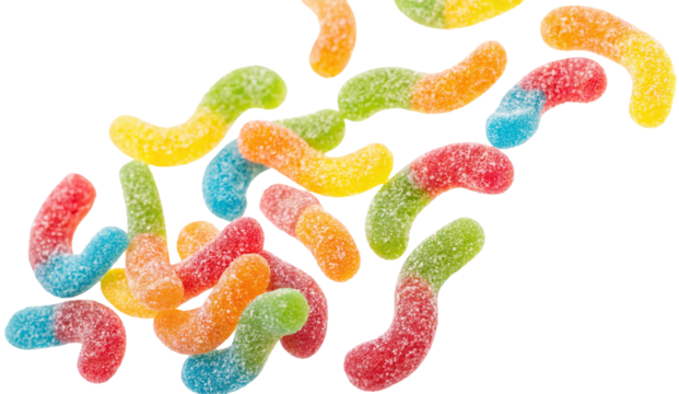 A scattered assortment of colorful sour gummy worms on a black background close up studio shot view