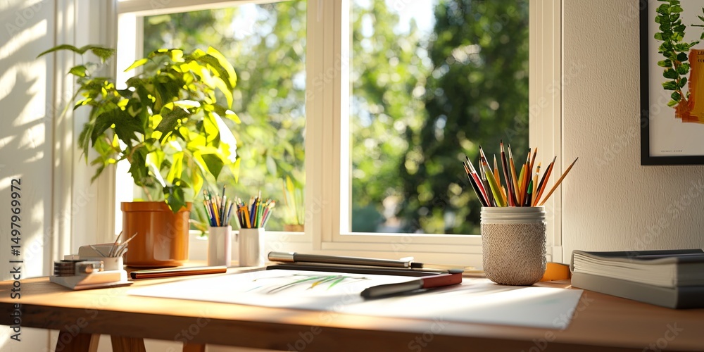 Aufkleber Cozy workspace featuring a creative line connection through artistic tools and bright natural light, neutral background