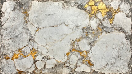 White and gray marble stone with gold accents and cracks texture background.