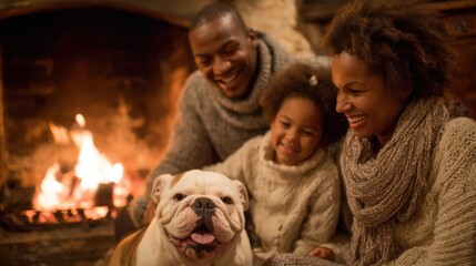 Fototapeta premium A family is gathered warmly by a crackling fireplace in a rustic setting. They are dressed in cozy sweaters, sharing laughter and joy with their pet dog