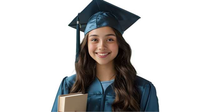 Happy graduate with cap, gown, and books.