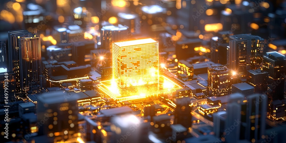 Aufkleber conceptual image of a glowing blockchain ledger surrounded by diverse assets like real estate and stocks, highlighting tokenization and investment strategies