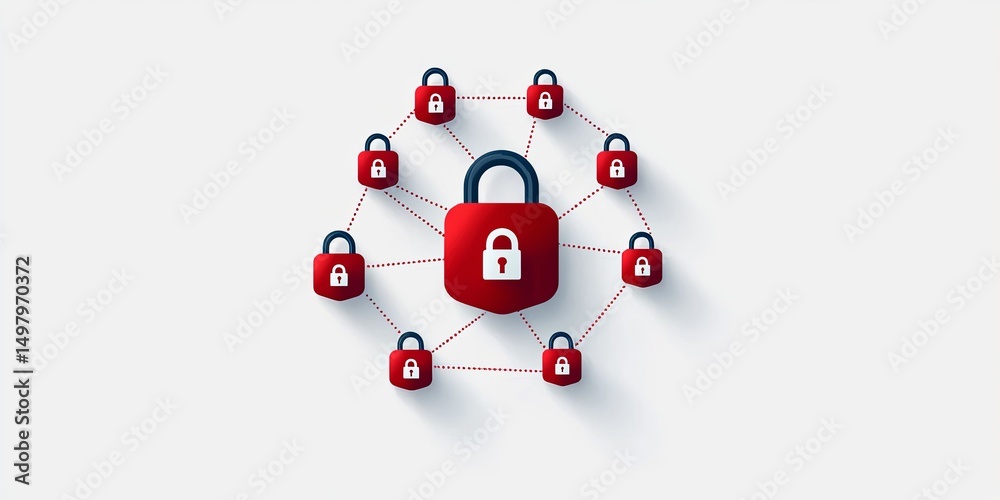 Poster Visualization of a secure network with encrypted data streams and a padlock icon, representing strong data protection and safe communication, set against a plain backgrou