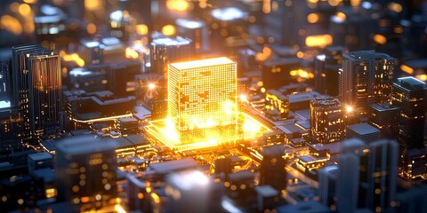 conceptual image of a glowing blockchain ledger surrounded by diverse assets like real estate and stocks, highlighting tokenization and investment strategies