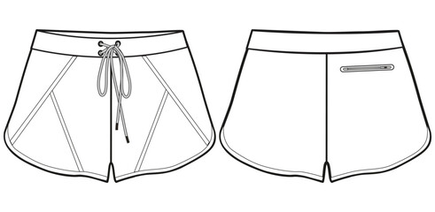 Fototapeta premium Running shorts design front and back view flat sketch fashion illustration, Active Jogger short drawing vector template