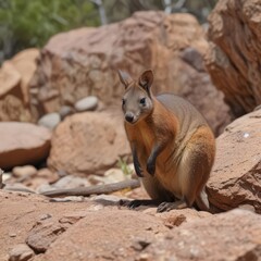 Fototapeta premium Rock wallaby foraging among rocks, Queensland outback, queensland, landscape