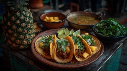 Al pastor tacos with pineapple and lime on platter