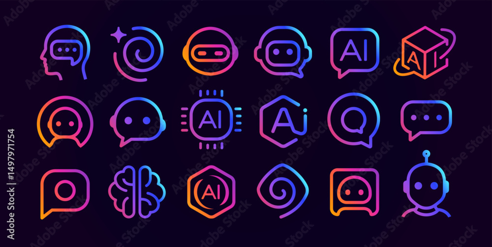 Poster ai technology icon set with brain logo, chip sign, chatbot assistant robot, data. futuristic smart t