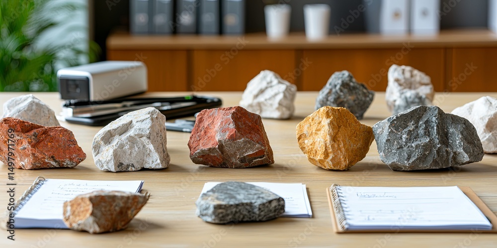 Leinwandbilder Geological study of sedimentary rocks displayed on a table, with field notes and equipment, emphasizing the texture and color variations of the rocks, clean neutral backg