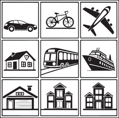 Naklejka premium Transport and Housing Icons Collection – Car, Bicycle, Airplane, Home, Train, Ship, and Buildings in Grid Layout