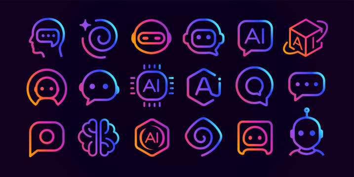 AI technology icon set with brain logo, chip sign, chatbot assistant robot, data. Futuristic smart tech symbols for UI, apps, networks, digital system, branding, software design. Vector illustration