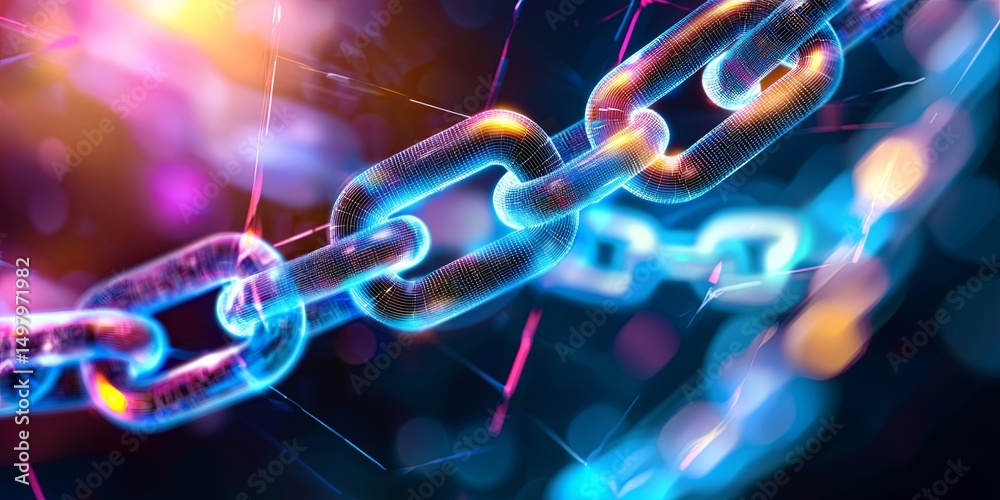 Poster Concept of identity verification and fraud prevention through blockchain, with a digital lock symbol and glowing public ledger, emphasizing security and trust in a neutra