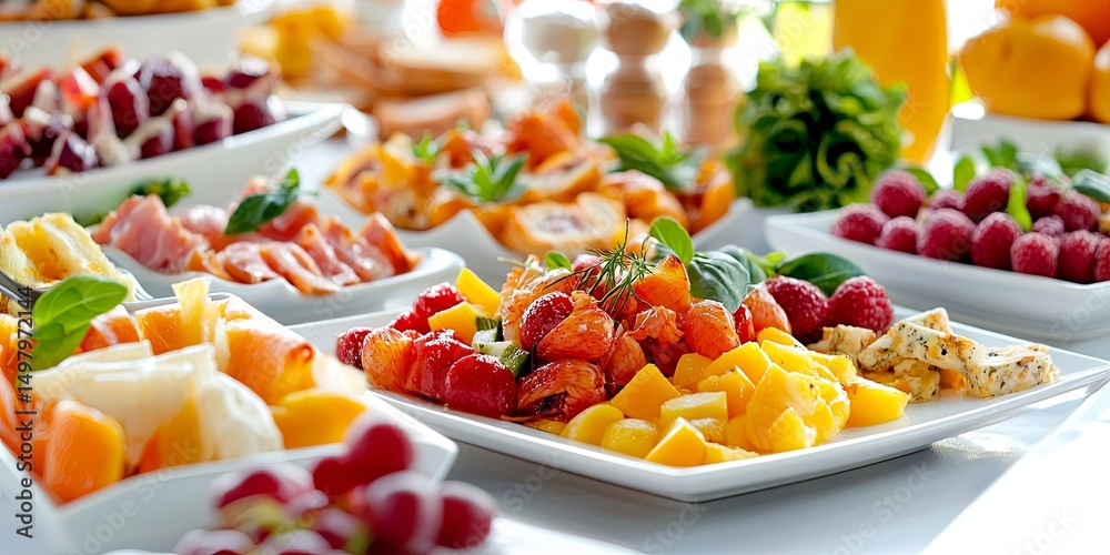 Poster line connection, visually appealing appetizer spread on a sleek plate, soft lighting and natural tex