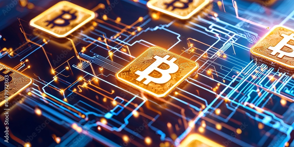 Poster visual representation of a distributed ledger system illustrating secure transactions with cryptographic symbols and glowing digital lines, neutral background, emphasis o