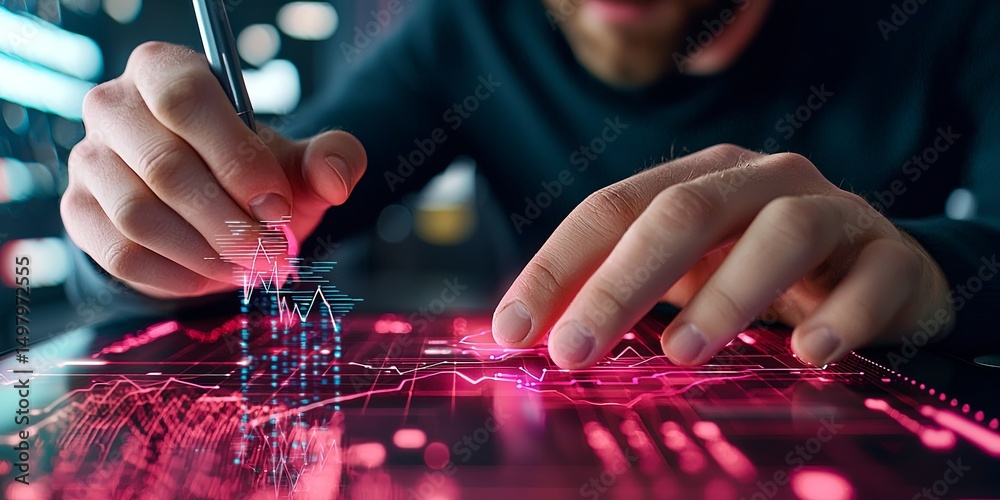 Poster a digital signature being created on a touchscreen, with financial charts and an encrypted communica